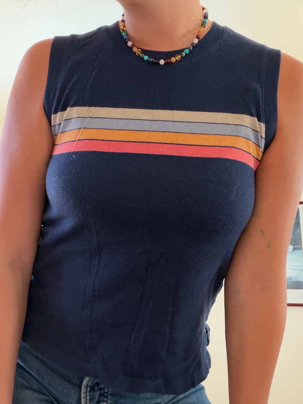 Madewell Retro Sleeveless Navy Blue Rainbow Stripe Muscle Tee Crew Neck Tank Top